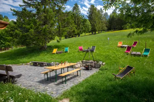 Liegewiese mit Sonnenliegen am Scheuermatthof im Schwarzwald